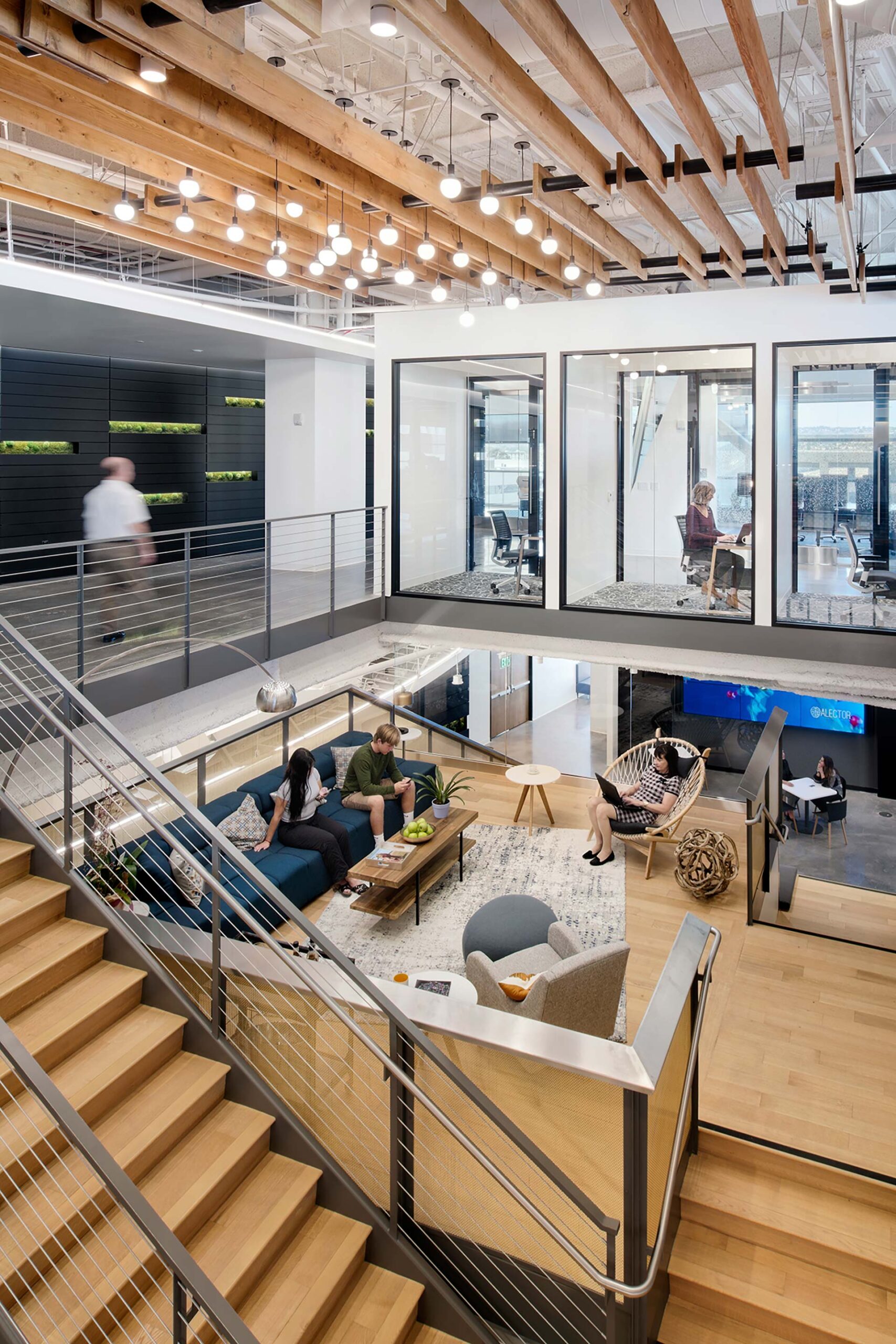 Interior at Alector life Science facility central stair, office transparency, biophilia, circulation