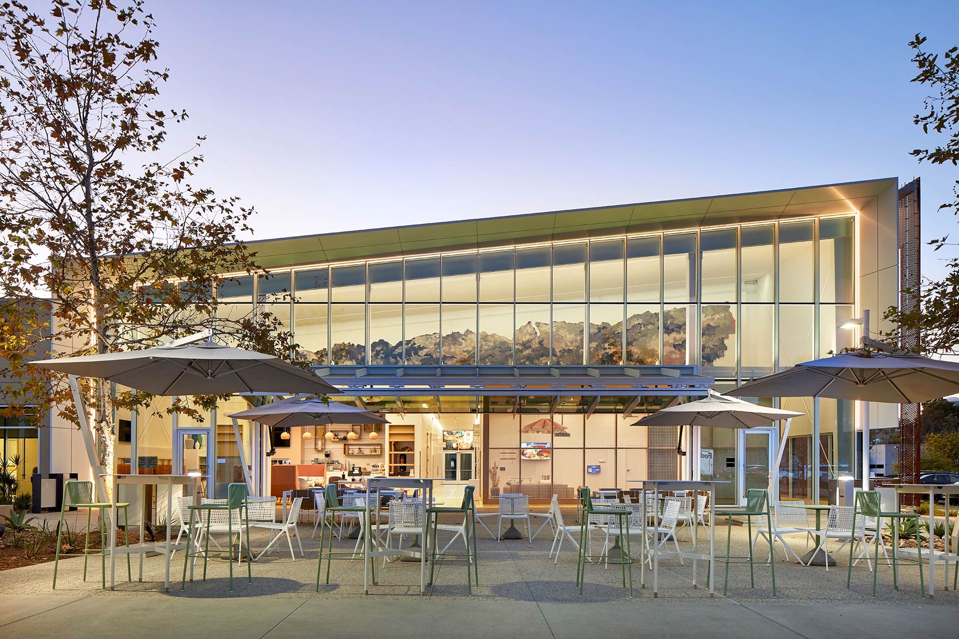 Exterior at MODA Sorrento amenity building cafe patio and schweiss door