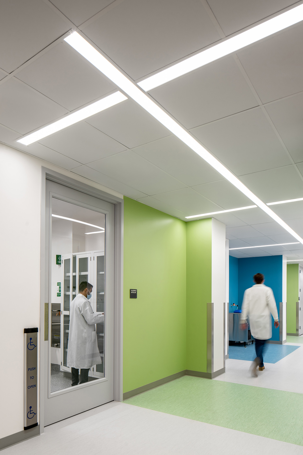Interior at confidential client life science facility laboratory and corridor