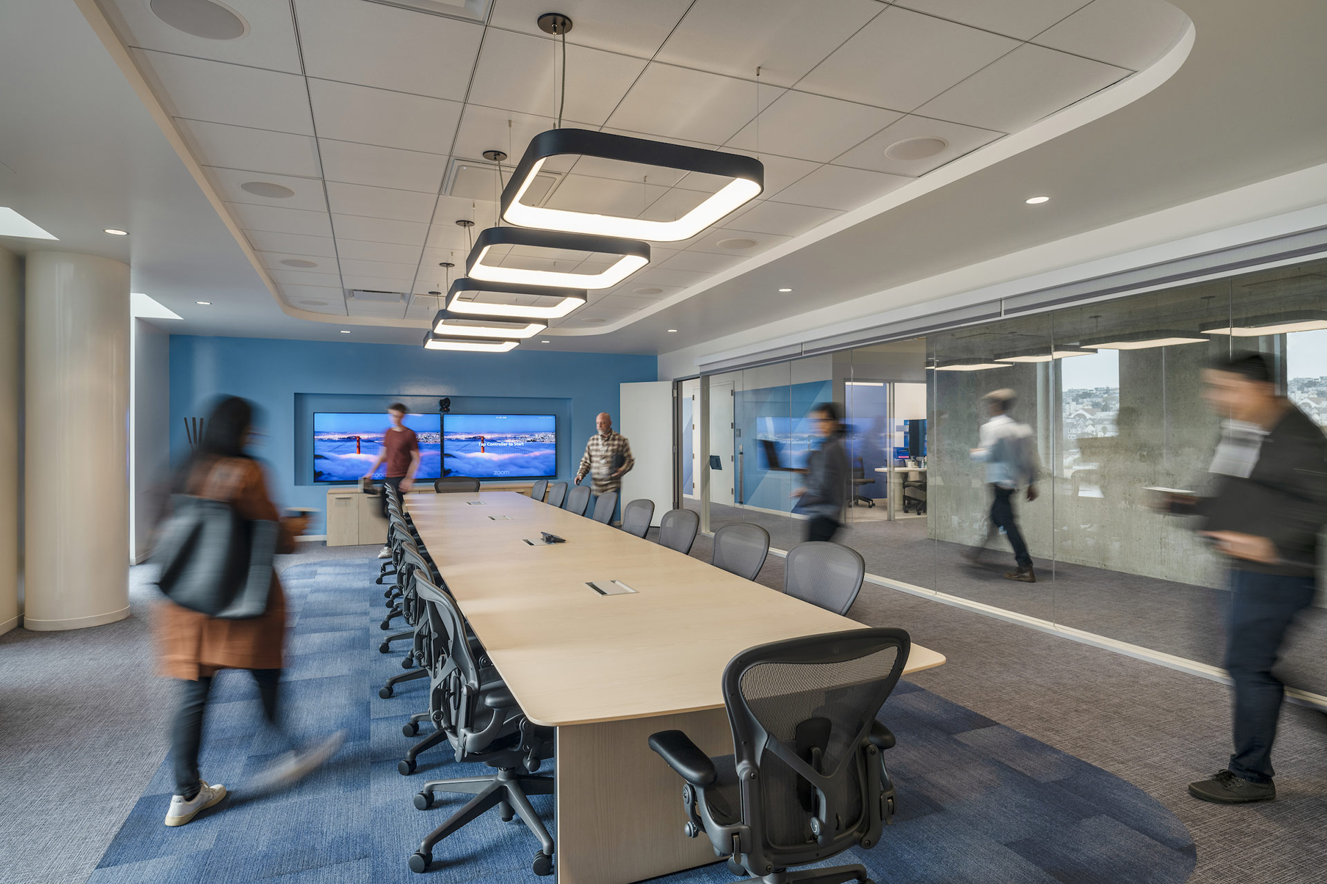 Interior at confidential client life science large conference room, corridor, transparency