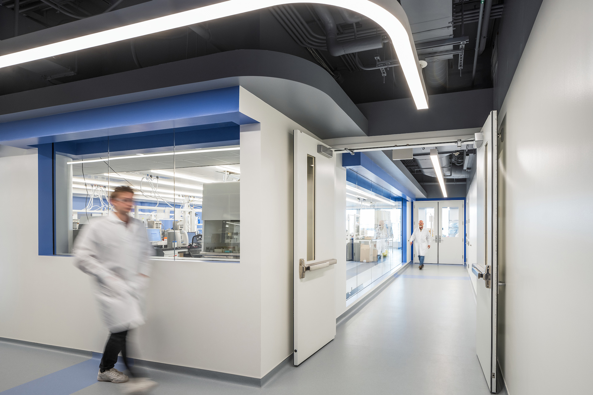 Interior at confidential client life science laboratory, corridor, transparency