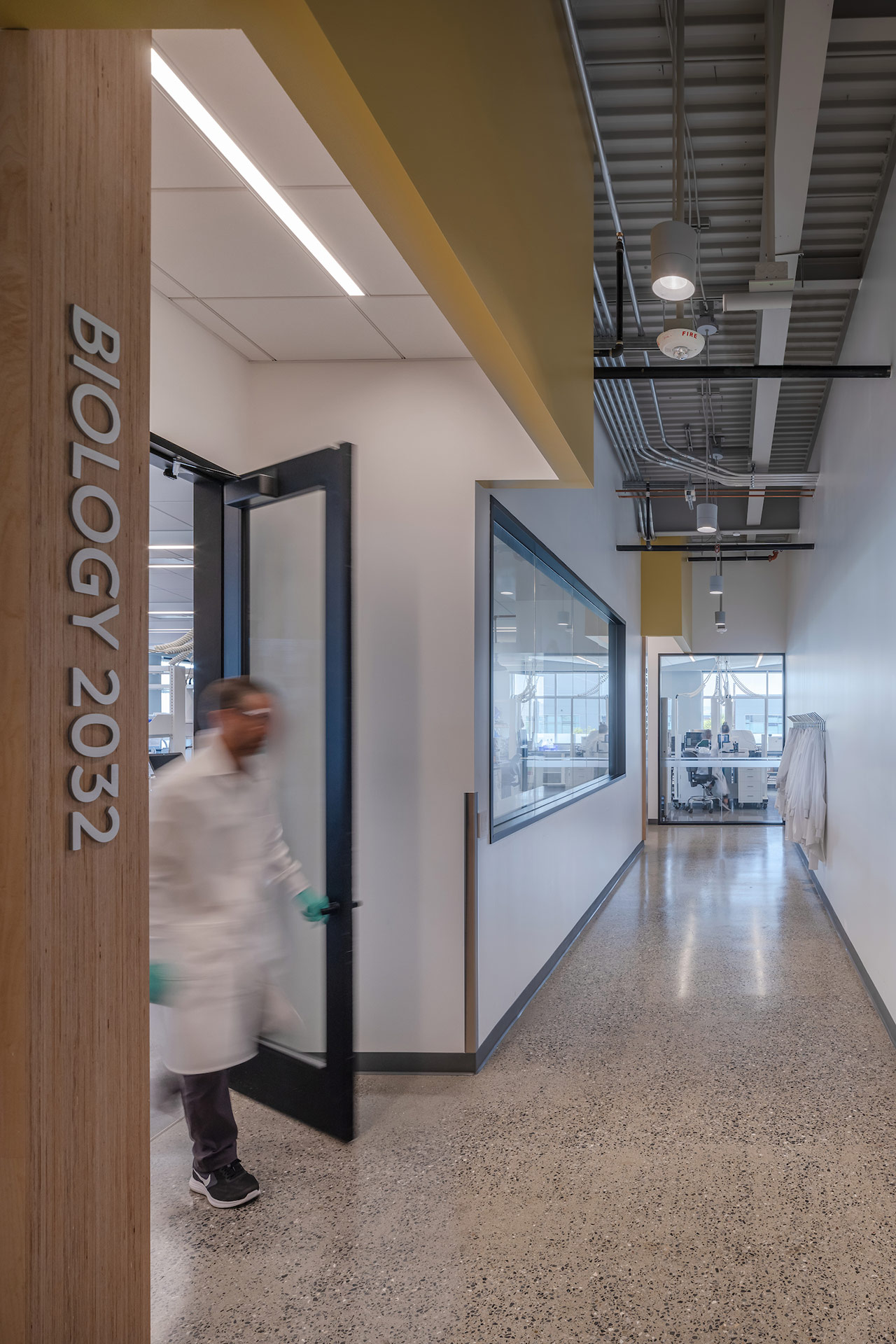 Interior at Exelixis 1851 and 1801 HBP life science facility circulation outside labs with people walking through