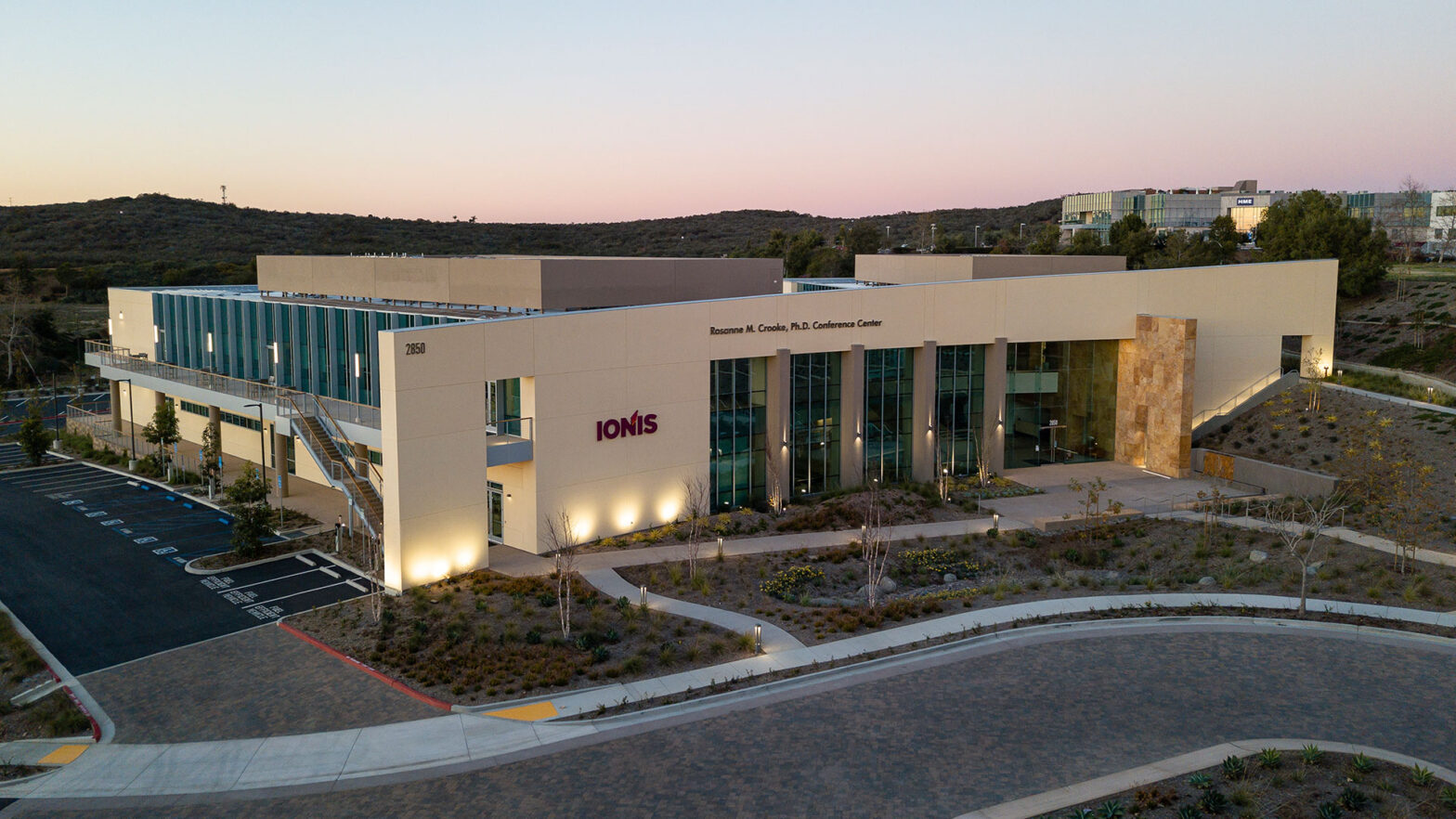 Exterior at Ionis Conference Center aerial view of front of the facility, closer