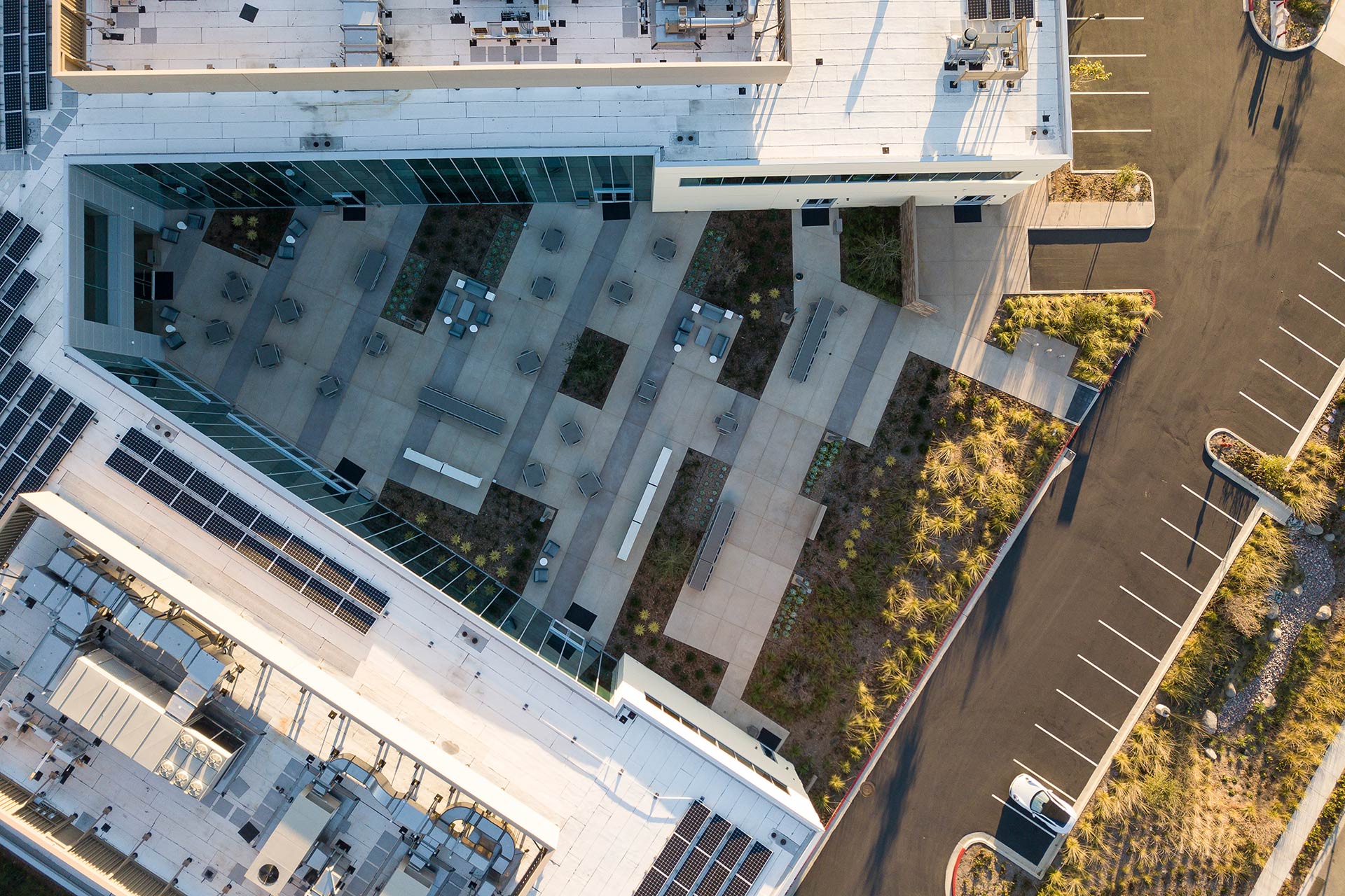 Exterior at Ionis Conference Center drone view of inner courtyard
