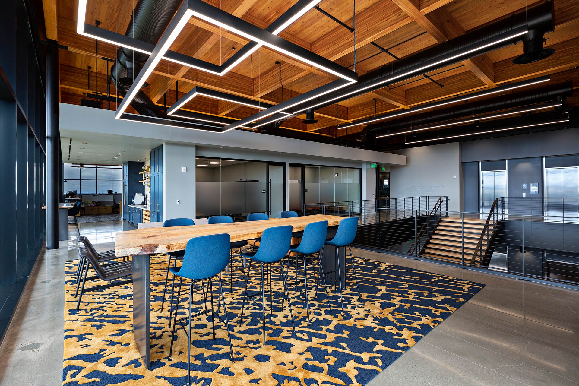 Interior at Takeda Research central stair, gathering space, collaboration, branding