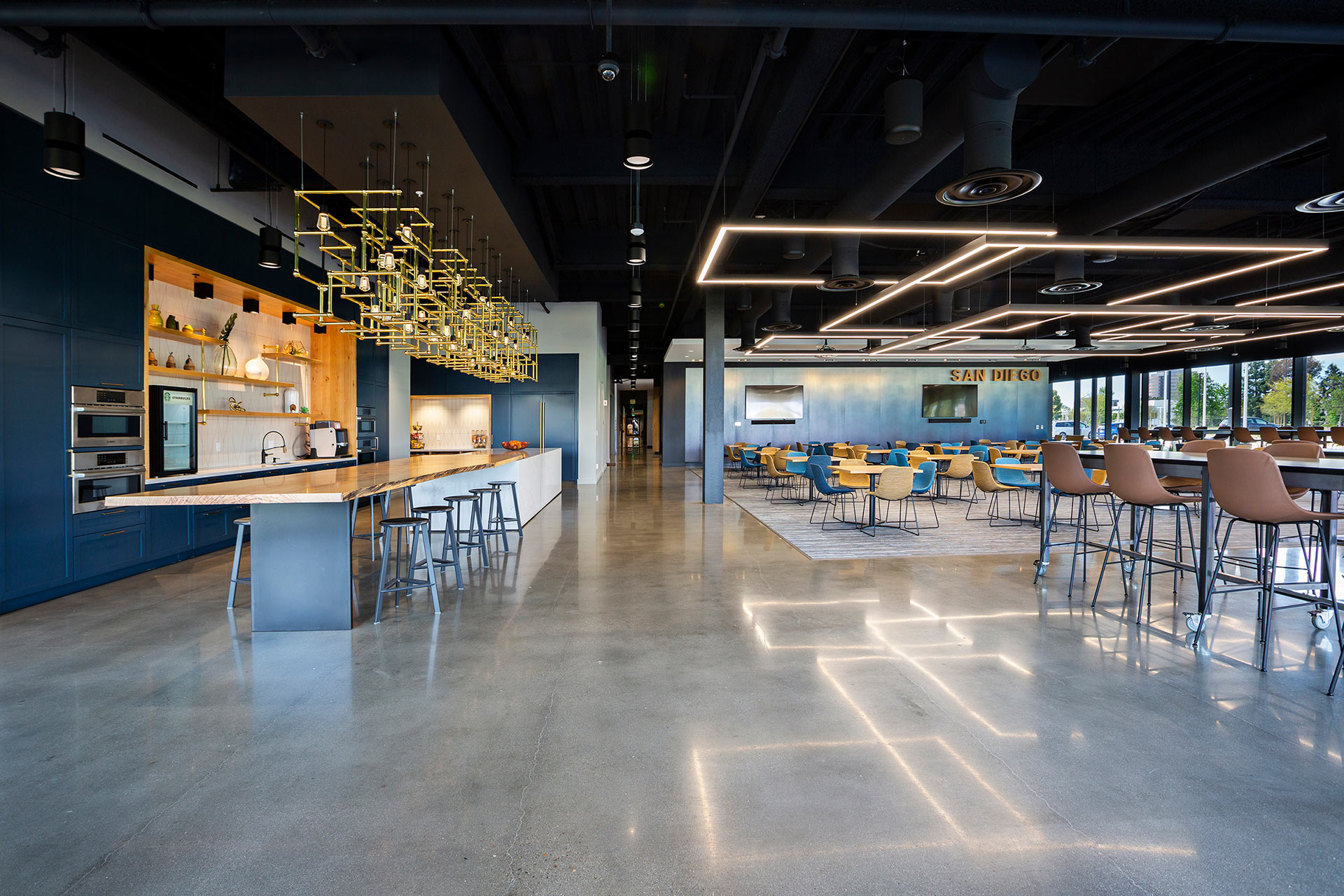 Interior at Takeda Research kitchen, break room, casual seating, gathering space