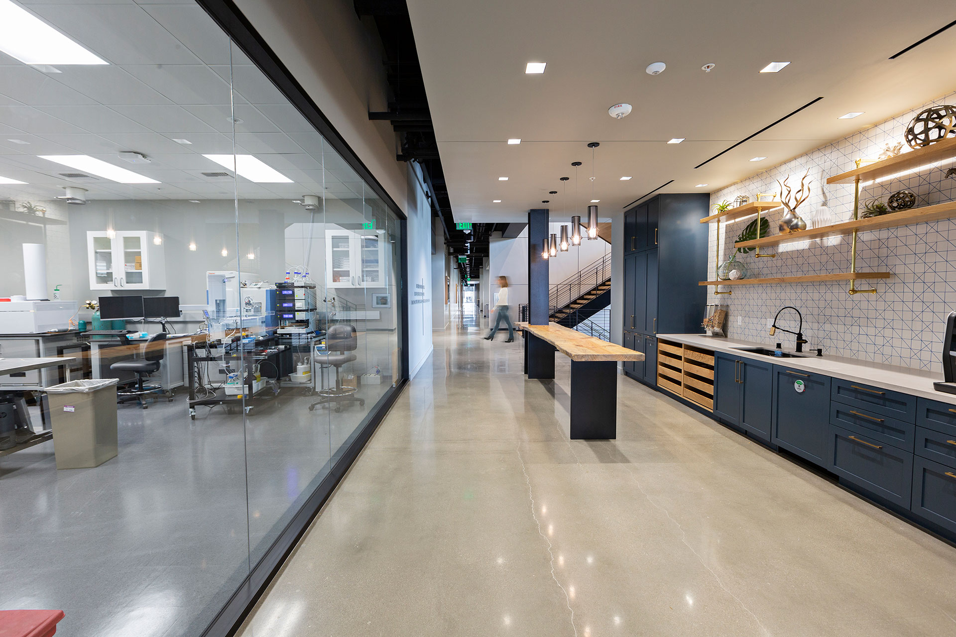 Interior at Takeda Research kitchen, break room to laboratory transparency