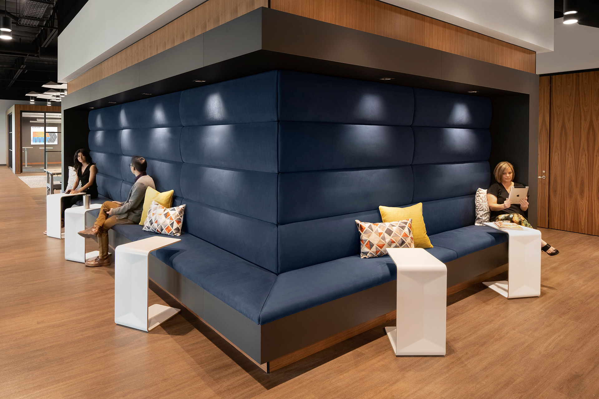 Interior at UC Davis Health patient contact center, healthcare, people sitting in a lobby lounge