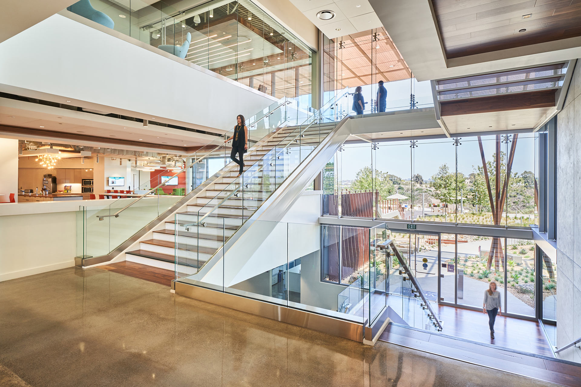 Interior at Vertex Pharmaceuticals life science facility, central stair with amenities nearby