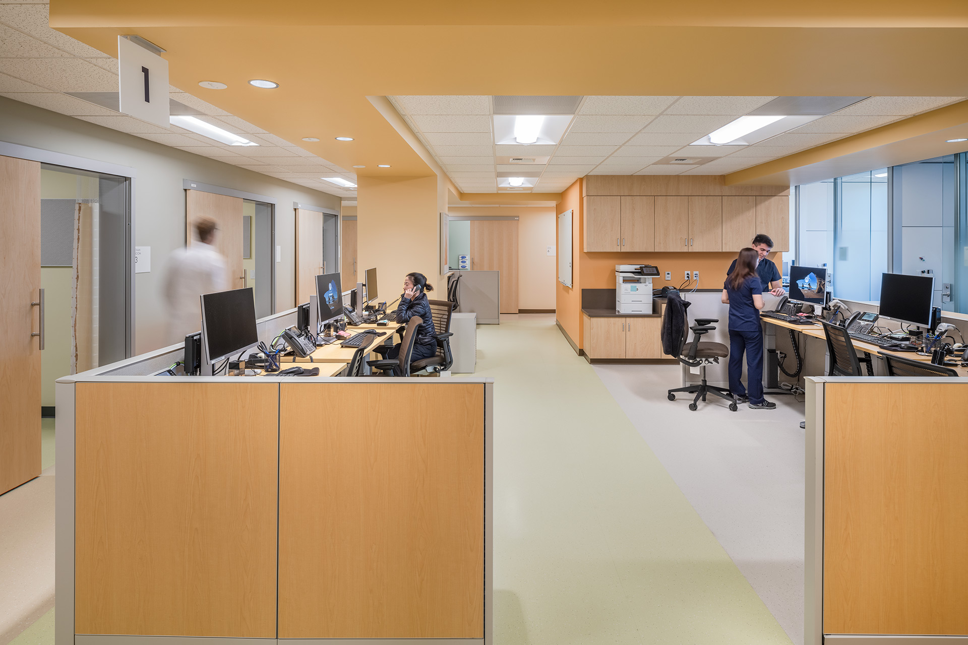 Interior of a healthcare medical office building desks and circulation